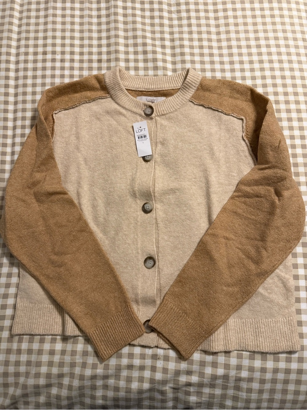 LOFT Two-Tone Cream Body with Tan Sleeves Button Cardigan